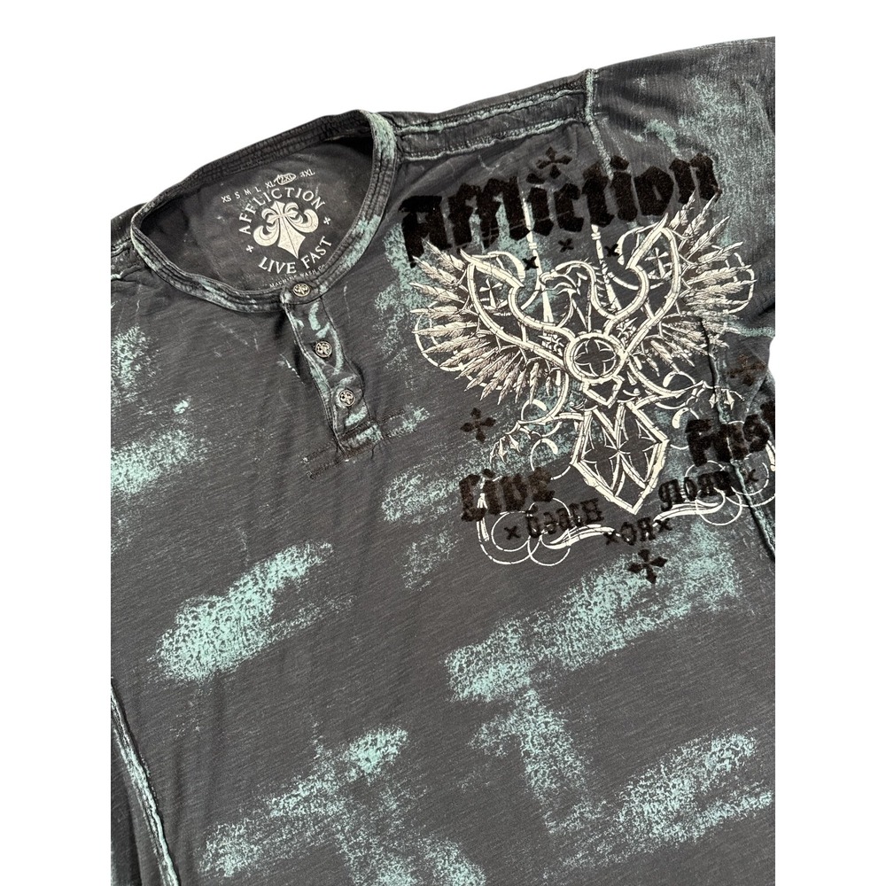 Afflication Live Fast T Shirt Mens 2XL Blue AOP Henley Y2K Short Sleeve Eagle‎